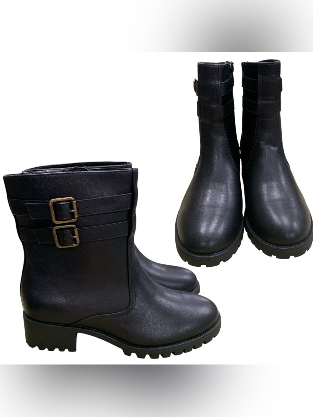 Penningtons Black Lug-Sole Ankle Boots with Double Buckle Detail WW9